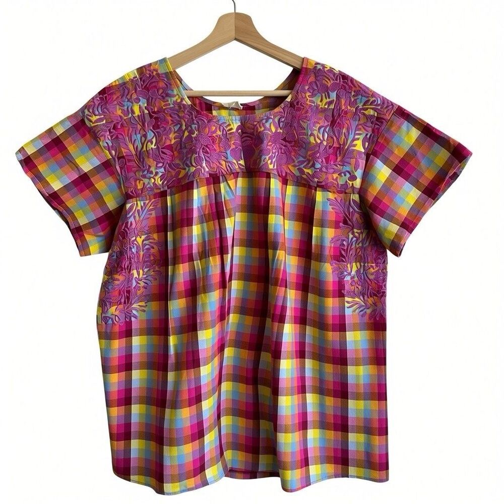 Layerz Clothing Tunic Sz 3X Plaid Floral Embroidered Peasant Cottagecore